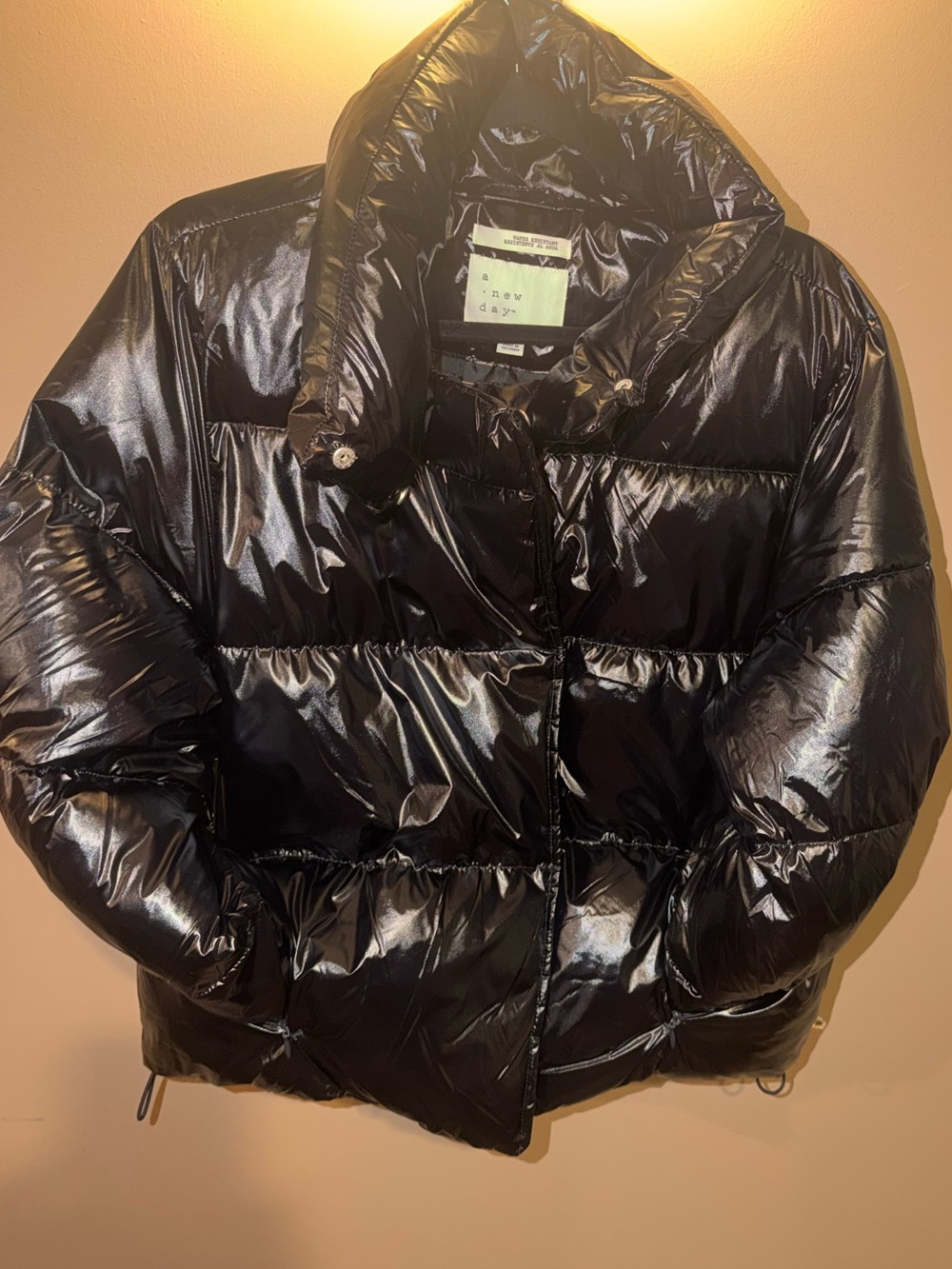 a new day Glossy Black Quilted Puffer Jacket